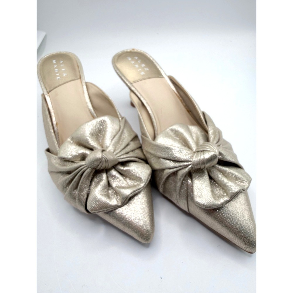 Alex Marie Mules Womens 5.5 Gold Metallic Bow Pointed Toe Kitten Heel